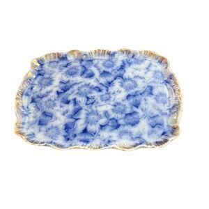 1890s Warwick China Flow Cobalt Blue Floral Tray Scalloped Gold Gilt Vanity Dish